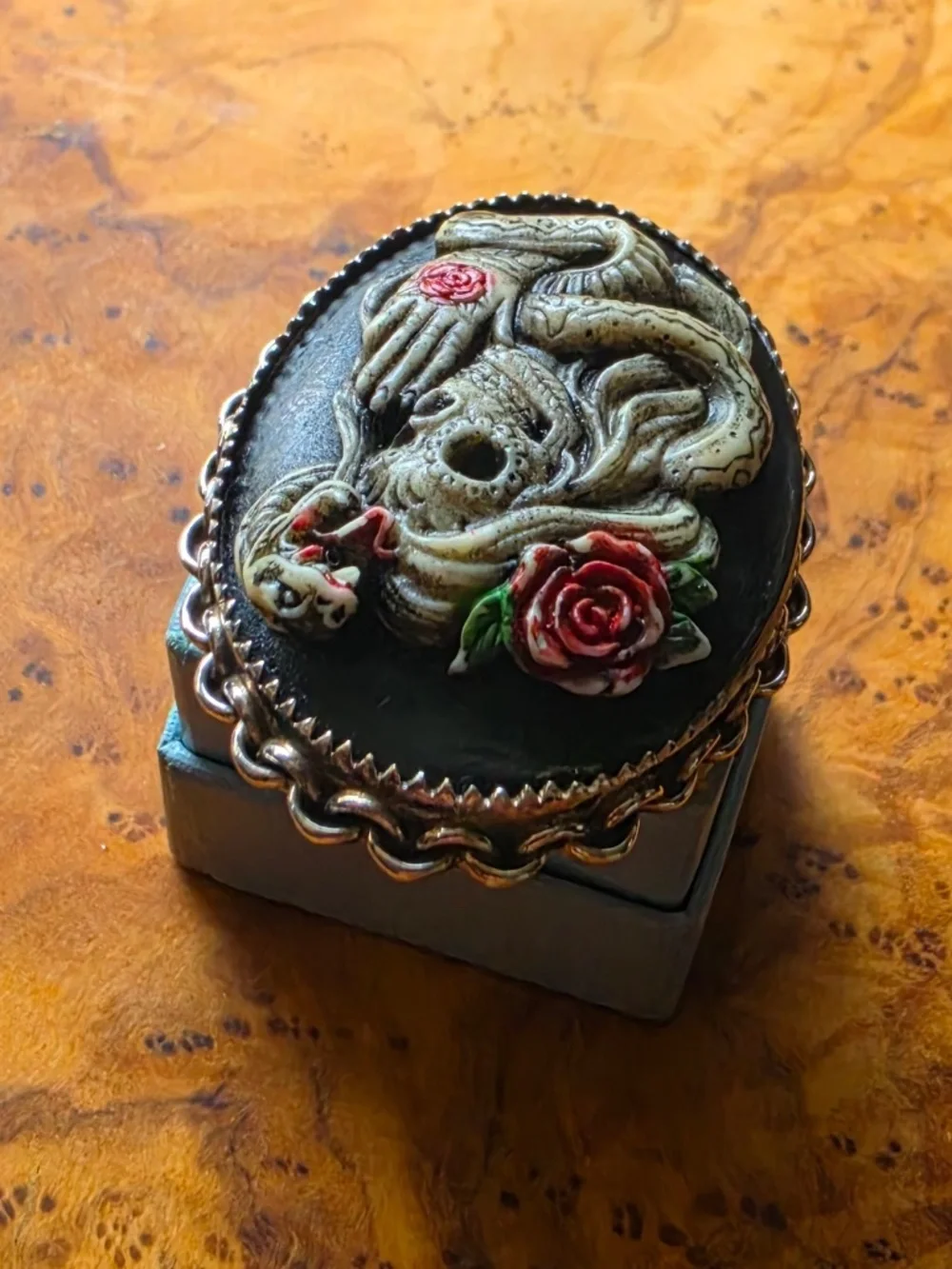 Resin & Sterling Dia De Los Muertos Day of the Dead Snake Skull Ring
